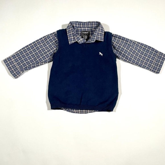 H&M Navy Blue Vest with Plaid Shirt Set - Size 9-12M - Picture 1 of 11